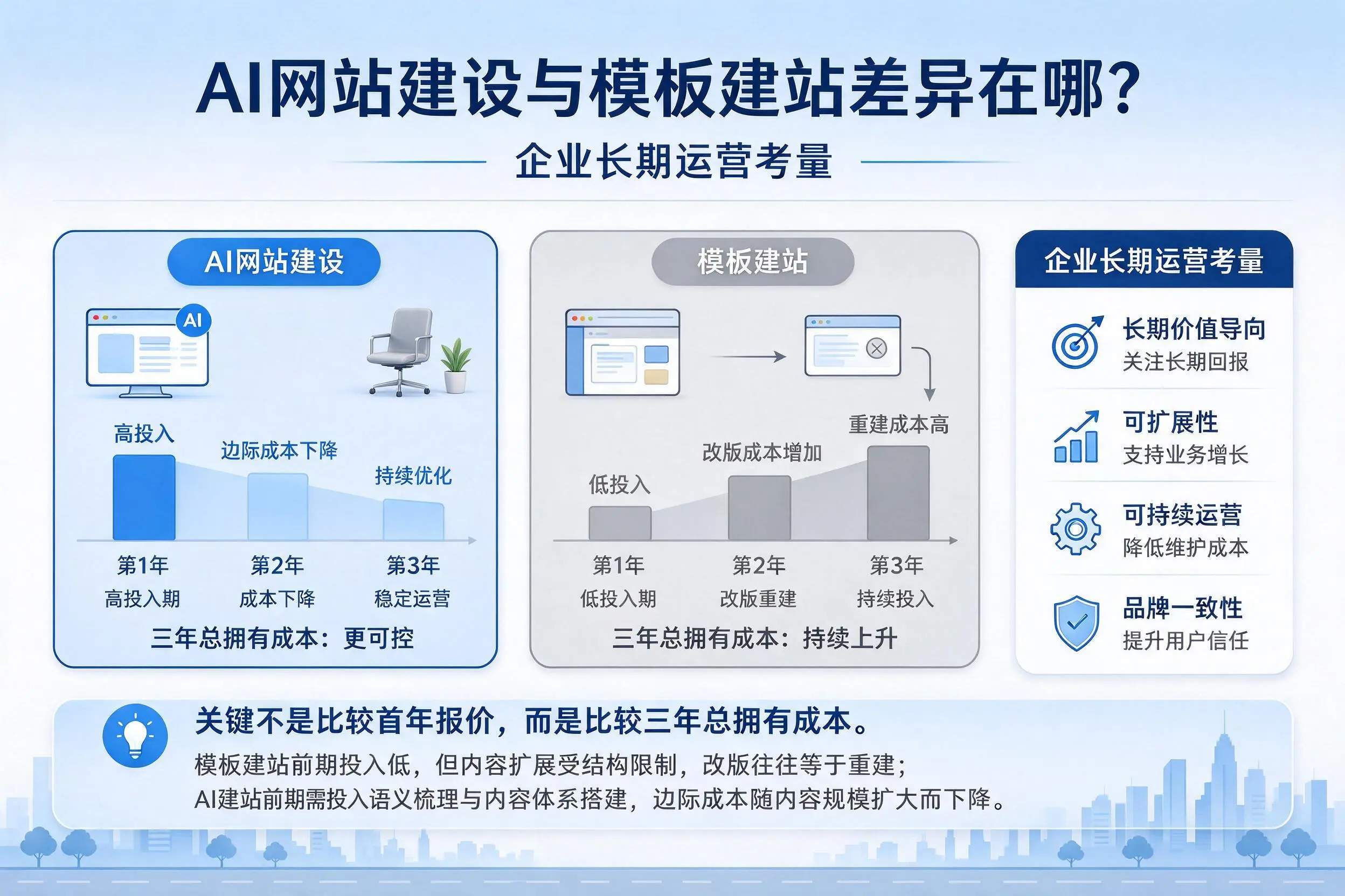 AI网站建设与模板建站差异在哪?五家渠企业长期运营考量