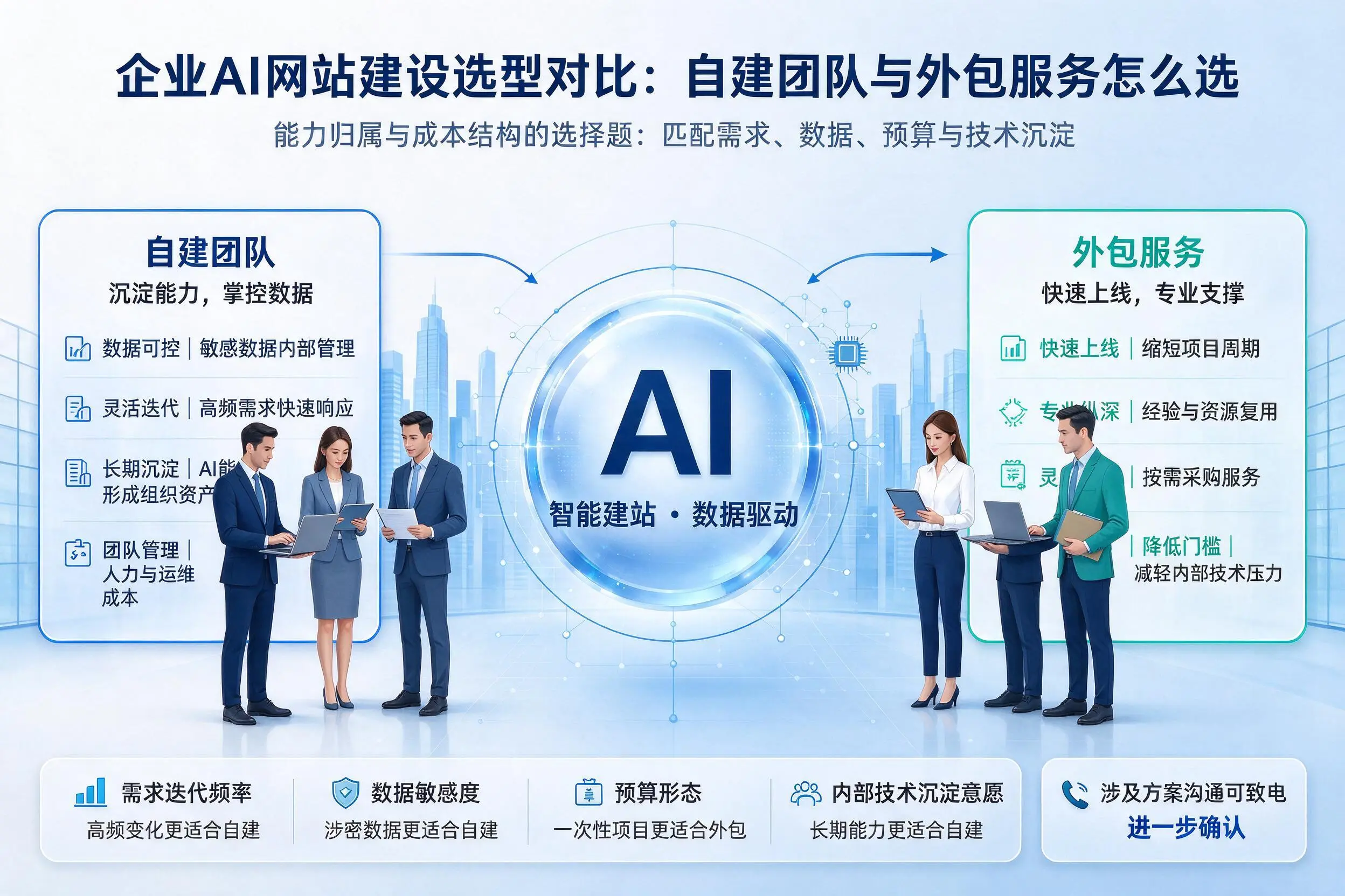 五家渠企业AI网站建设选型对比：自建团队与外包服务怎么选